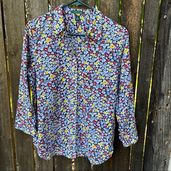 Lauren Ralph Lauren Floral 100% Cotton 3/4 Sleeve Button Down Shirt Sz L - Picture 4 of 9